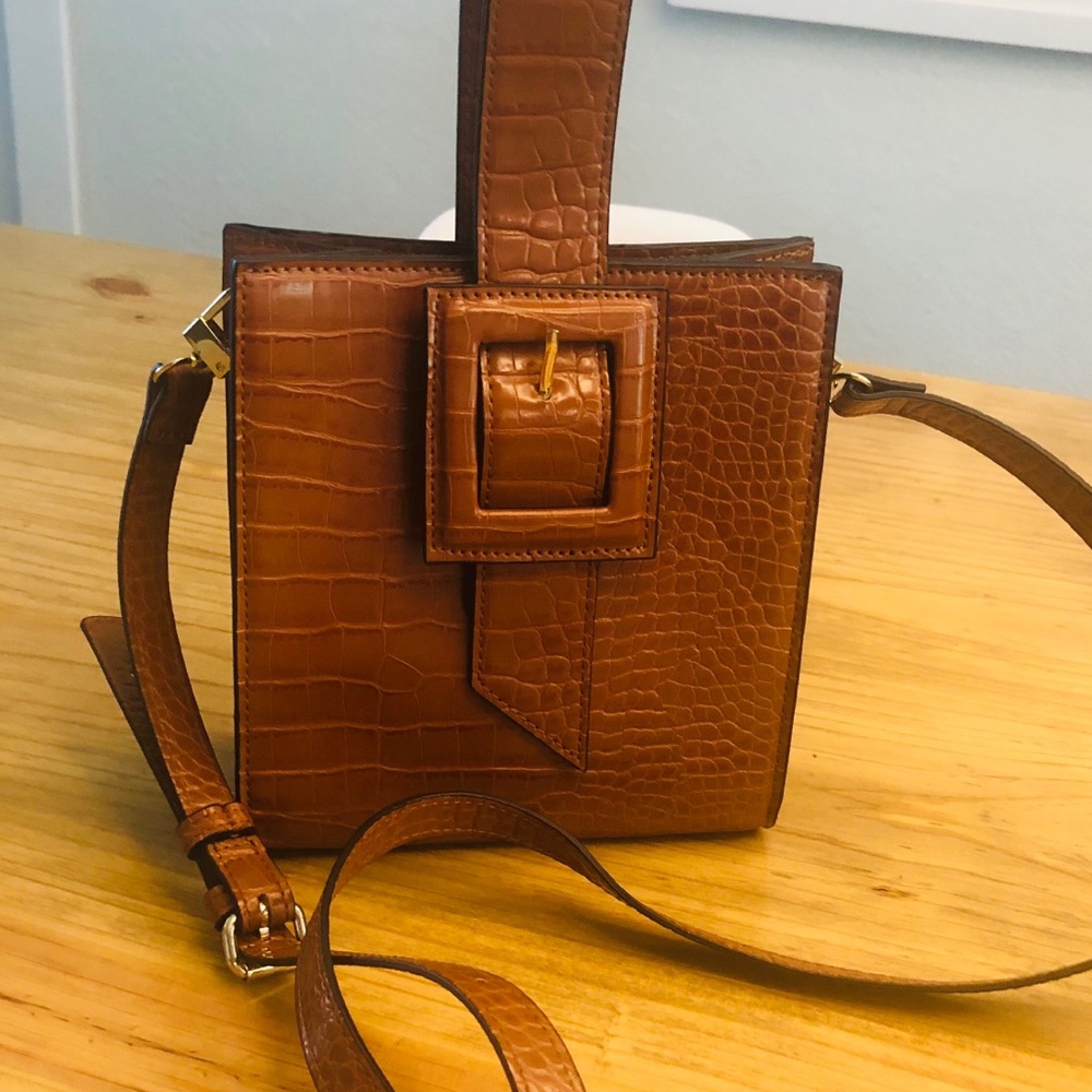 Cognac Croco Top Handle Crossbody Bag